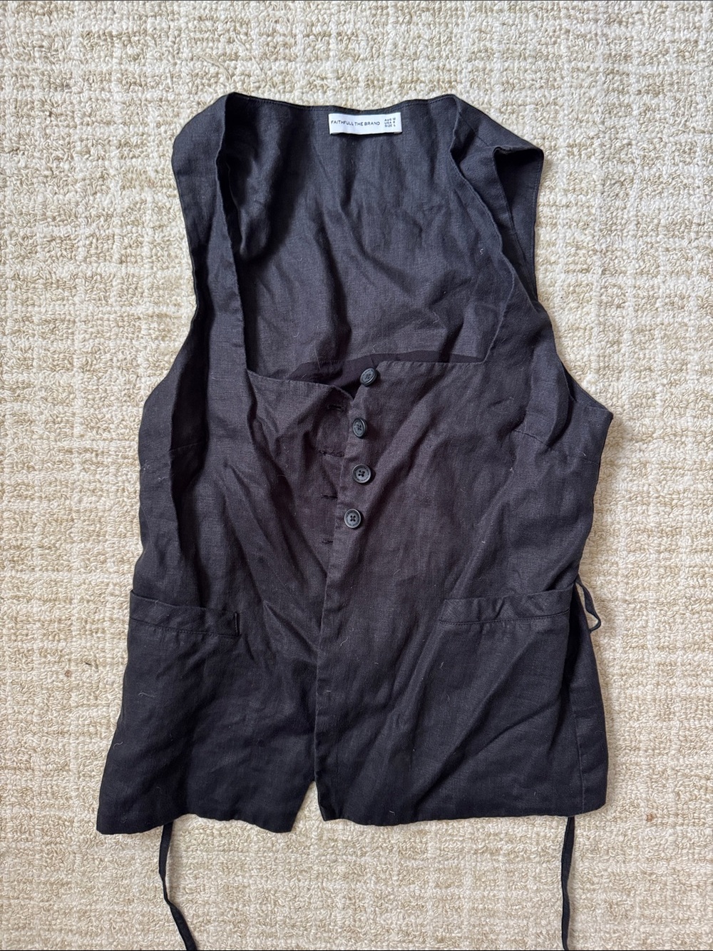Faithfull the Brand Black Sleeveless Button-Front Linen Vest
